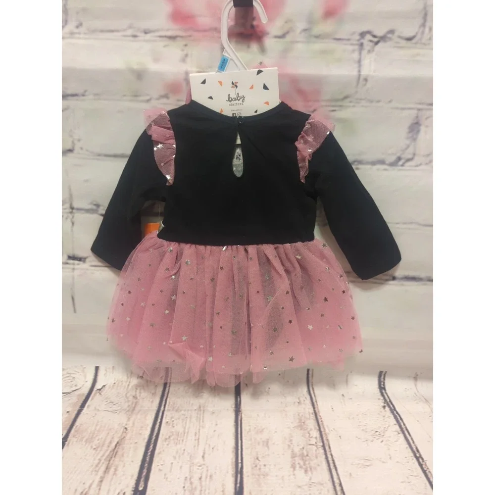 Infant Bodysuit Tulle Skirt with Matching Hair Bow Pink Sparkly Stars Sz 6 mths